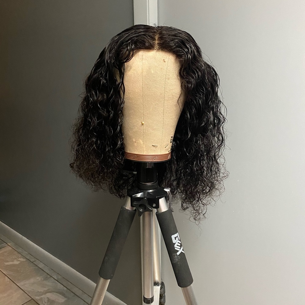 Human hair water wave t-part closure wig